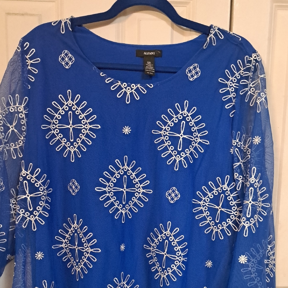 Alfani Blue Blouse with White Embroidery